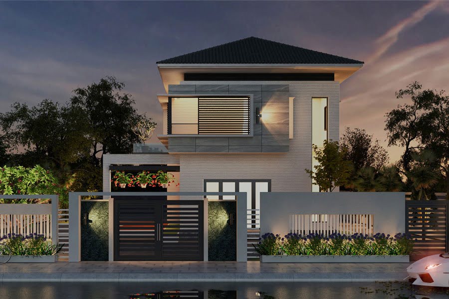 Mẫu nhà 2 tầng có gara ô tô, thiết kế tiện nghi cho gia đình hiện đại
