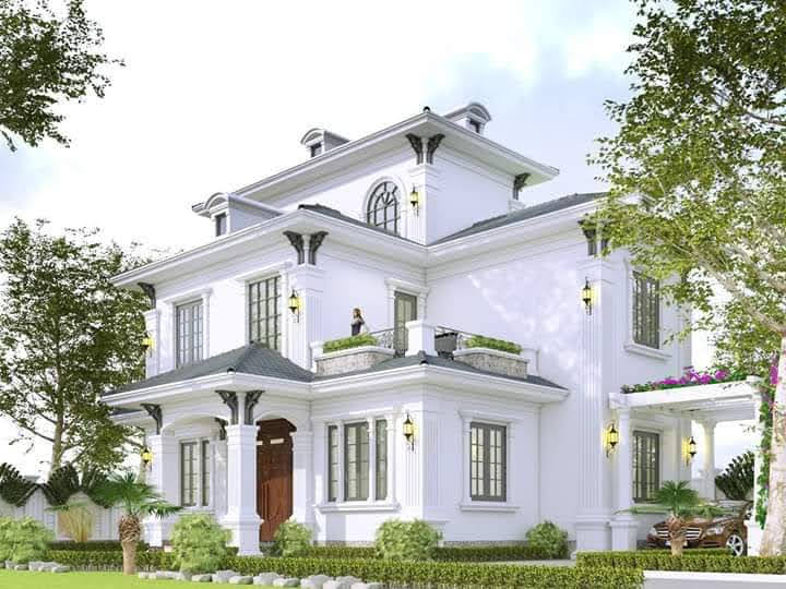 Phối cảnh biệt thự 3 tầng hiện đại có sân vườn rộng rãi